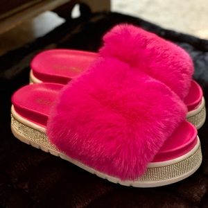 Azalea Wang Hot Pink Slides with bling platforms
